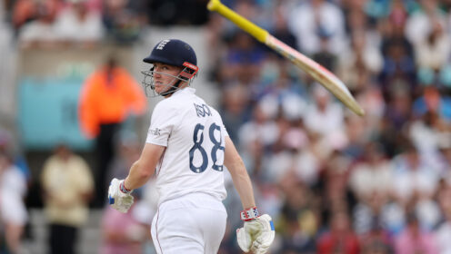 Harry Brook looks at his bat
