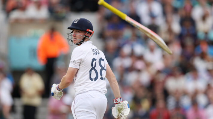 Harry Brook looks at his bat