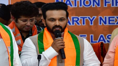 Indian cricketer Kedar Jadhav speaks to the audience after joining the BJP in April 2025