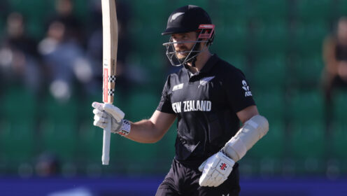 Kane Williamson raises his bat.