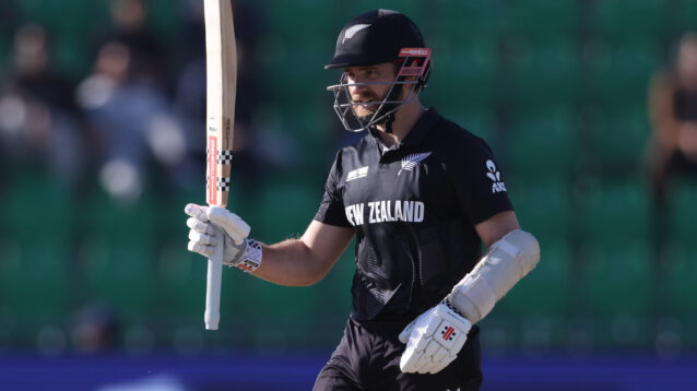 Kane Williamson raises his bat.