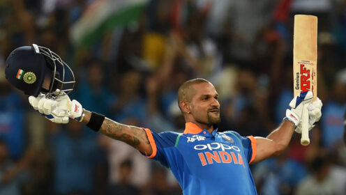 Shikhar Dhawan raises his bat