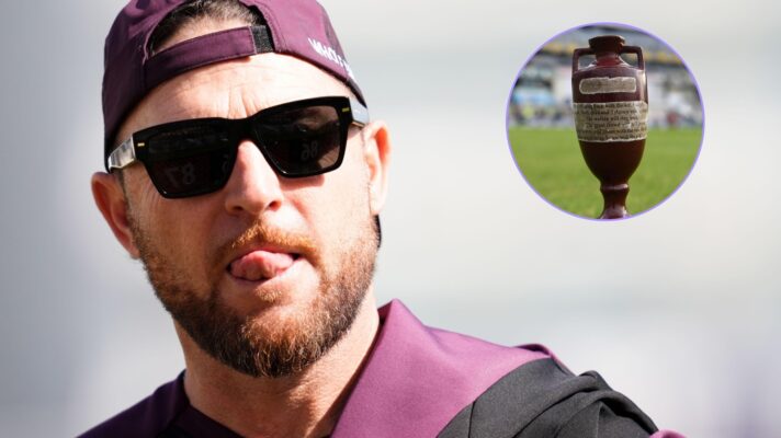 Brendon McCullum licking his lips with The Ashes urn pictured (inset)