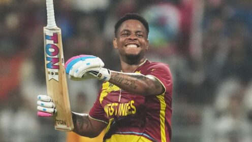 West Indies's Shimron Hetmyer celebrates.