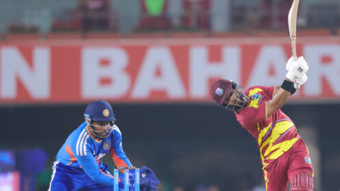 Shai Hope, the captain of the West Indies, hits a four during the second T20 international cricket match between India and West Indies at the JSCA International Stadium Complex in Ranchi, India, on October 9, 2026. (Photo by Shubhajit Roy Karmakar/NurPhoto via Getty Images) cricket