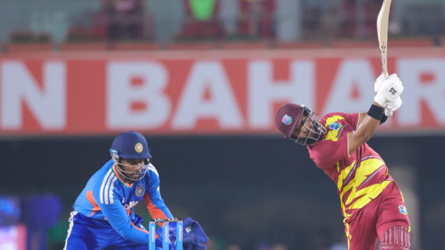 Shai Hope, the captain of the West Indies, hits a four during the second T20 international cricket match between India and West Indies at the JSCA International Stadium Complex in Ranchi, India, on October 9, 2026. (Photo by Shubhajit Roy Karmakar/NurPhoto via Getty Images) cricket