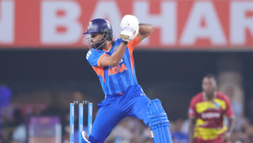 Shreyas Iyer, captain of India, plays during the second T20 international cricket match between India and the West Indies at the JSCA International Stadium Complex in Ranchi, India, on October 9, 2026. (Photo by Shubhajit Roy Karmakar/NurPhoto via Getty Images) cricket